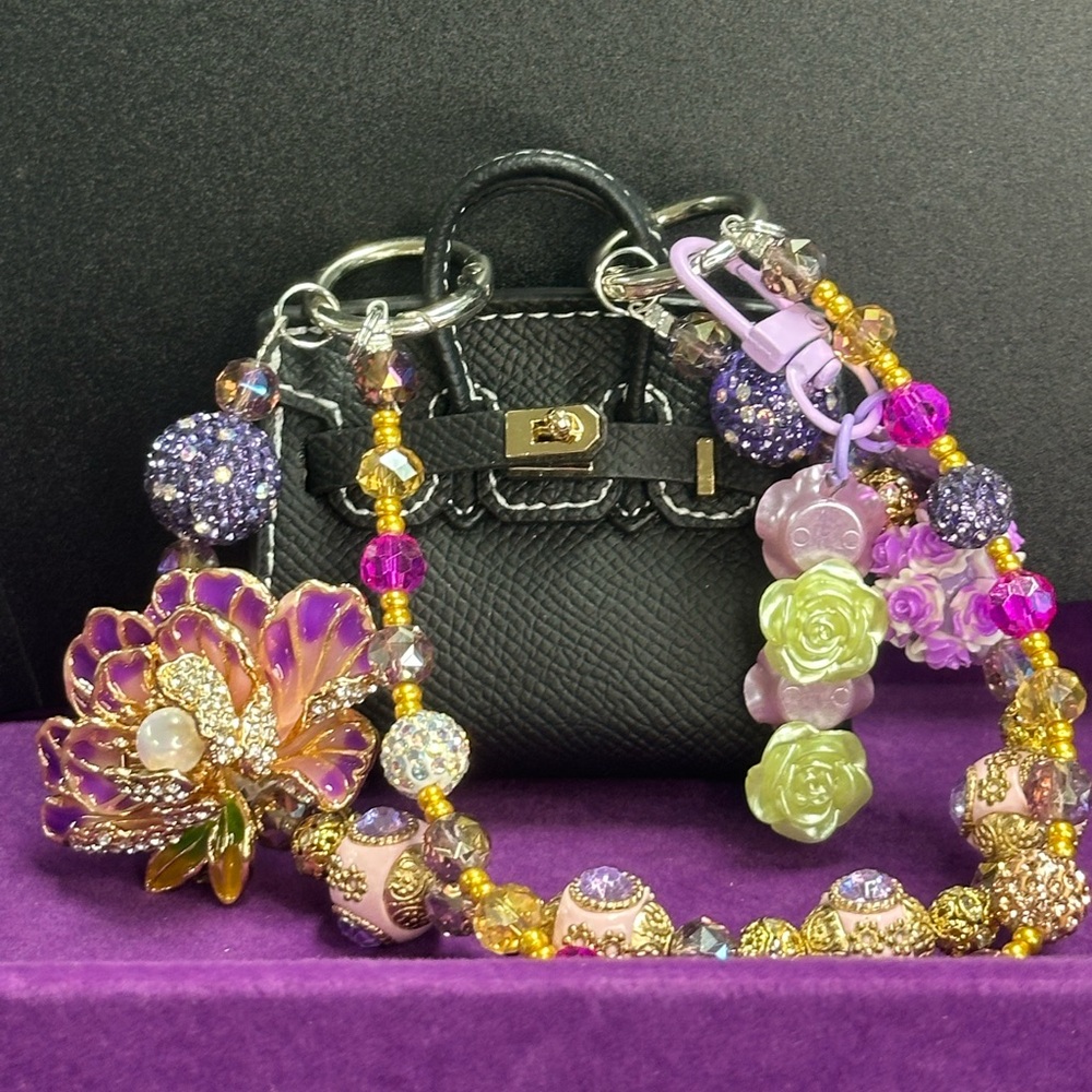 Black Mini Bag Charm Set with Purple Flower Beads | Exact Set Shown